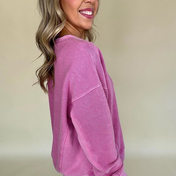 Bright Pink Solid Color Notched Neck Drop Shoulder Sweatshirt - Picture 3 of 11